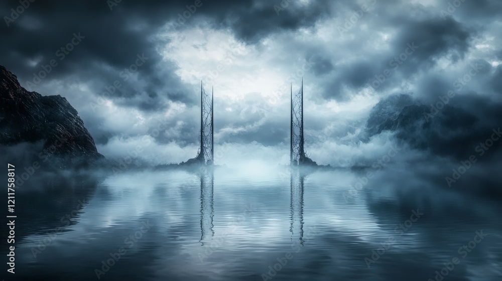 Poster misty landscape with thin sharp lines of loneliness at serene lake atmospheric view tranquil ambienc