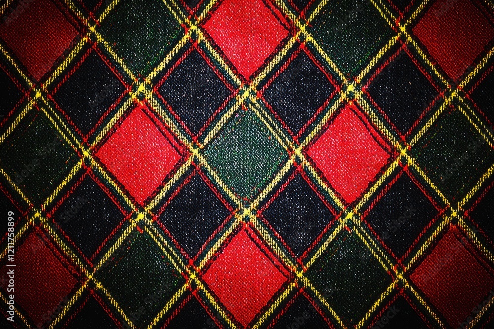 Poster traditional red tartan pattern with squares and diamond shapes displayed in vibrant colors for texti