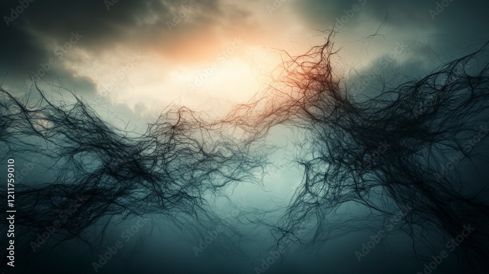 Poster Ethereal vibrations of thin waving strokes against hazy background digital art abstract atmospheric artistic concept