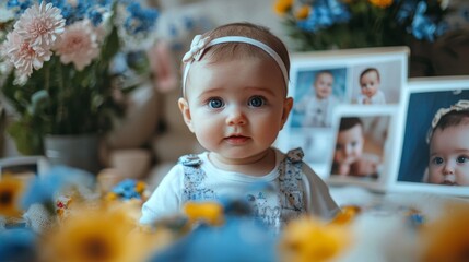 In a cozy room filled with blooming flowers, a baby gazes bright-eyed at the camera, surrounded by treasured memories in framed pictures, radiating innocence and joy