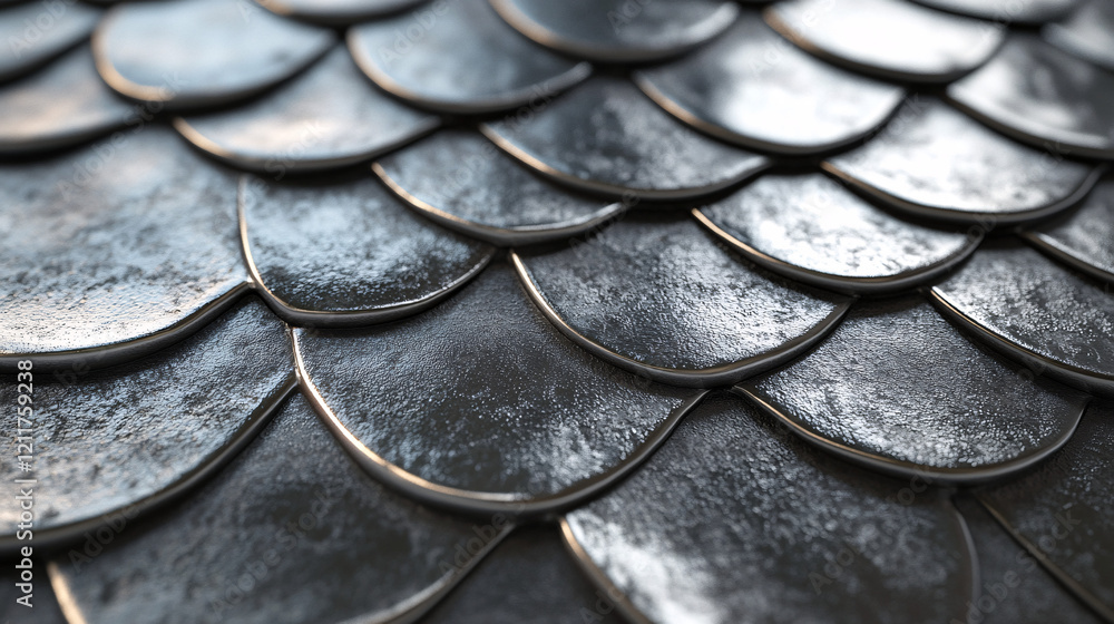 Poster a polished metallic surface showing overlapping scales in silver tones reflecting light with a sleek
