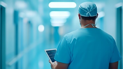 Confident Nurse Utilizing Digital Tablet for Healthcare Data Management in Modern Hospital Corridor