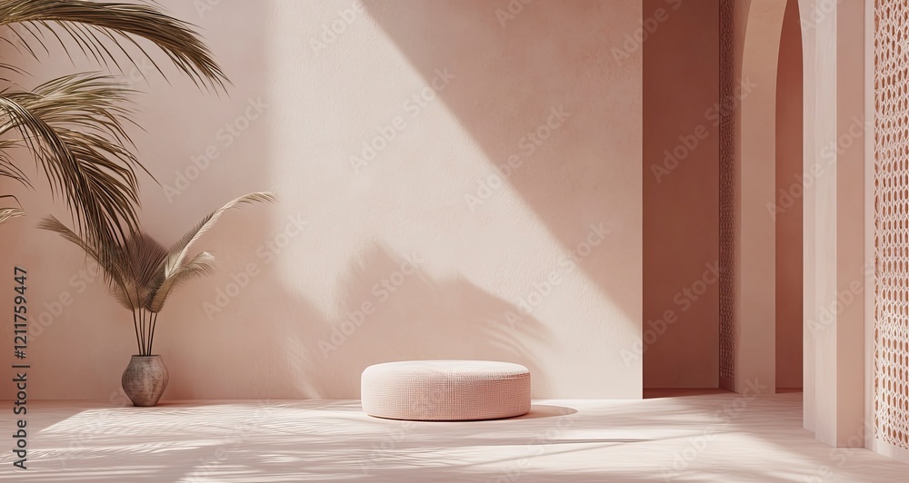 Poster 3d render of simple, minimalistic arabic design elements in pink color. the background features a wa
