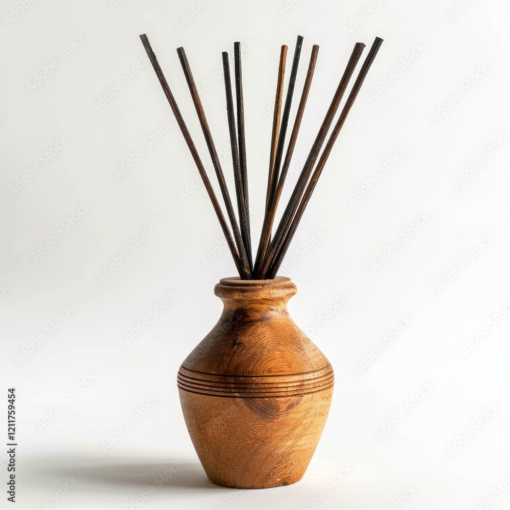 Poster wooden container with reed diffuser sticks releasing a pleasant aroma, adding a touch of elegance to