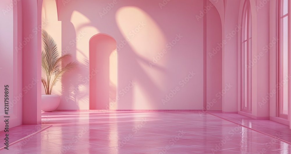 Poster 3d render of simple, minimalistic arabic design elements in pink color. the background features a wa