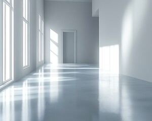 Fototapeta premium Sunlit empty white room with windows and door.