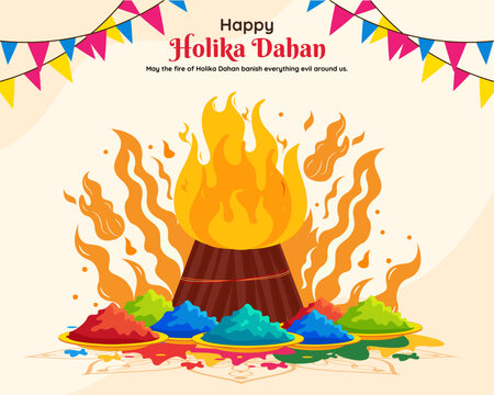 holika dahan with bonfire, plates full of gulal powder and bunting flag decoration celebrating choti holi social media post design