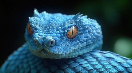Fototapeta premium Blue viper close-up, rainforest, night, danger, wildlife poster