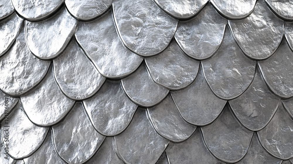 Poster detailed close-up of overlapping metallic silver scales creating a textured structured pattern resem