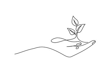 Human hand holding plant seedling with continuous line drawn leaves. Linear world map with plants.  World environment day symbol. Vector illustration isolated on white.