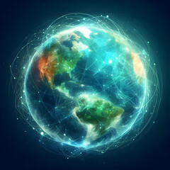 Abstract globe illustration with glowing energy lines in shades of blue and green for eco-friendly designs
