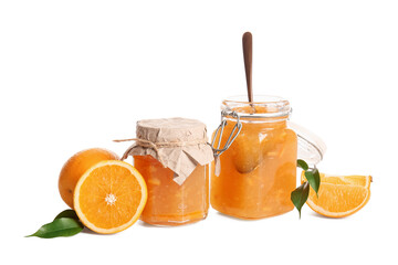 Jars of sweet orange jam and fruits on white background