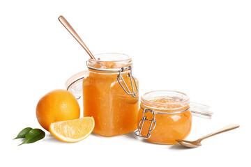 Jars of sweet orange jam and fruits on white background