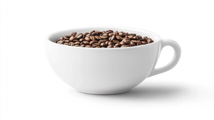 A White Coffee Cup Overflowing with Freshly Roasted Coffee Beans: Evoking a Rich, Delicious Aroma in Every Sip