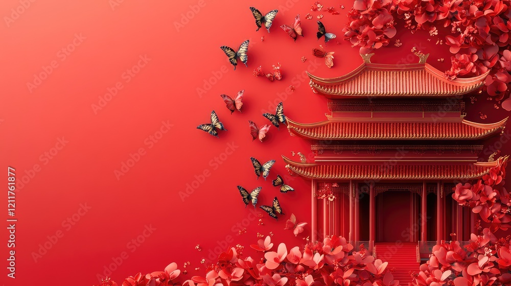 Poster elegant poster with red and gold gradient background featuring minimalist gold chinese architectural