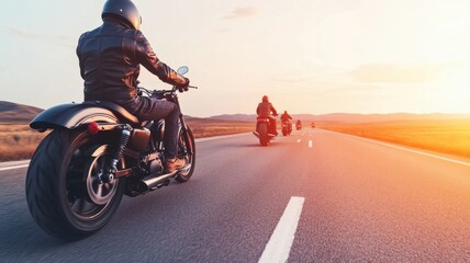 Fototapeta premium A group of motorcyclists riding on a scenic highway at sunset, showcasing freedom and adventure on the open road.