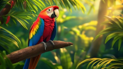 Obraz premium Vibrant scarlet macaw perched on a branch amidst lush tropical foliage with soft sunlight filtering through