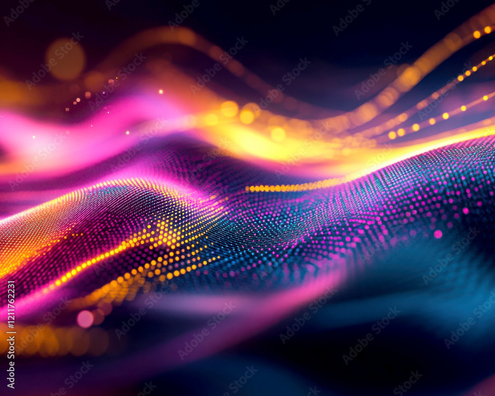 Poster vibrant wave patterns in colorful digital abstract design.