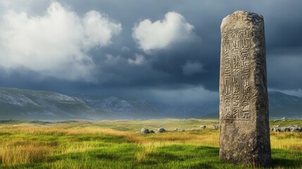 Ancient stone monolith standing in a lush green valley under a dramatic stormy sky