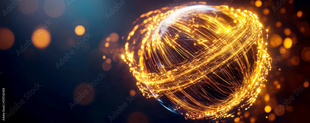 Poster abstract glowing sphere with dynamic light trails and particles.