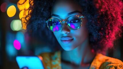 Naklejka premium Young Woman Using Smartphone Under Blue Light in Modern Urban Setting, Depicting Technology's Role in Daily Life with a Contemporary and Sleek Visual Style