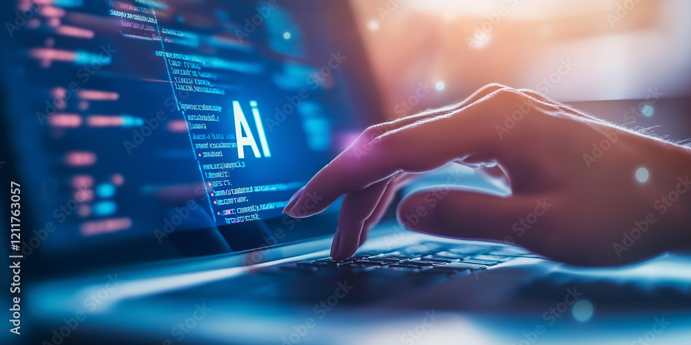 Poster hands of the person with the computer . the word ai on the screen