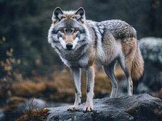 Obraz premium A Majestic Wolf Standing on a Rock in a Natural Habitat with another wolf in Background