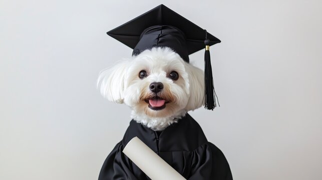 A white dog is wearing a graduation cap and gown. The dog is smiling and he is proud of its accomplishment. AI generated.