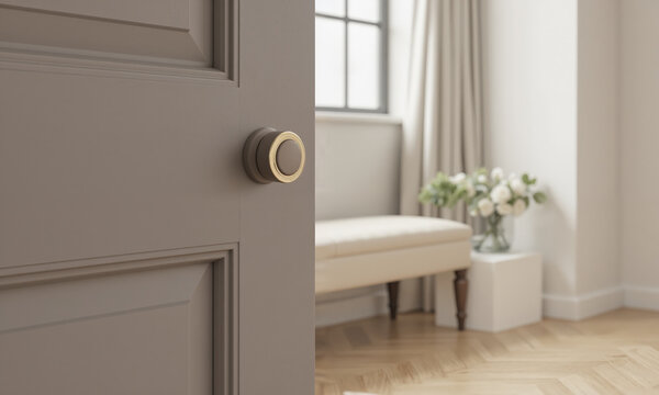 Mocha mousse cylindrical door knobs featuring gold accents around the edges, mounted on smooth taupe doors with a linear finish.