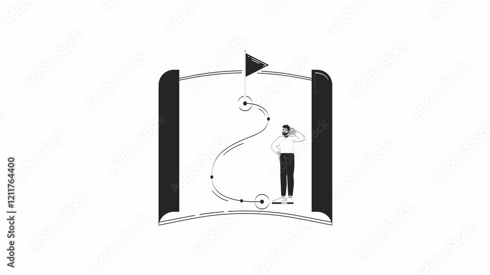 Poster roadmap to success outline hand drawn 2d object animation. professional navigation with red flag des