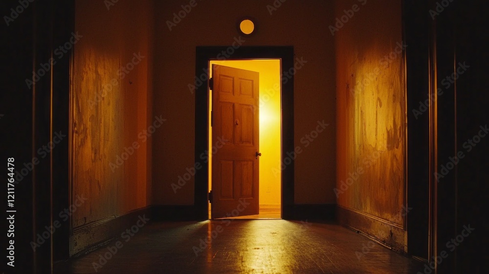 Poster a warm glow radiates from an open door at the end of a shadowy hallway. this enchanting light pierce