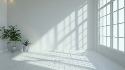 Fototapeta premium A bright, minimalist room with large windows and potted plants casting shadows on the floor.