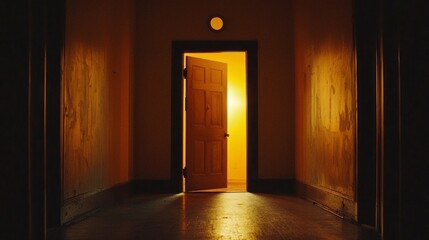 A warm glow radiates from an open door at the end of a shadowy hallway. This enchanting light pierces the darkness, beckoning exploration and igniting a sense of adventure