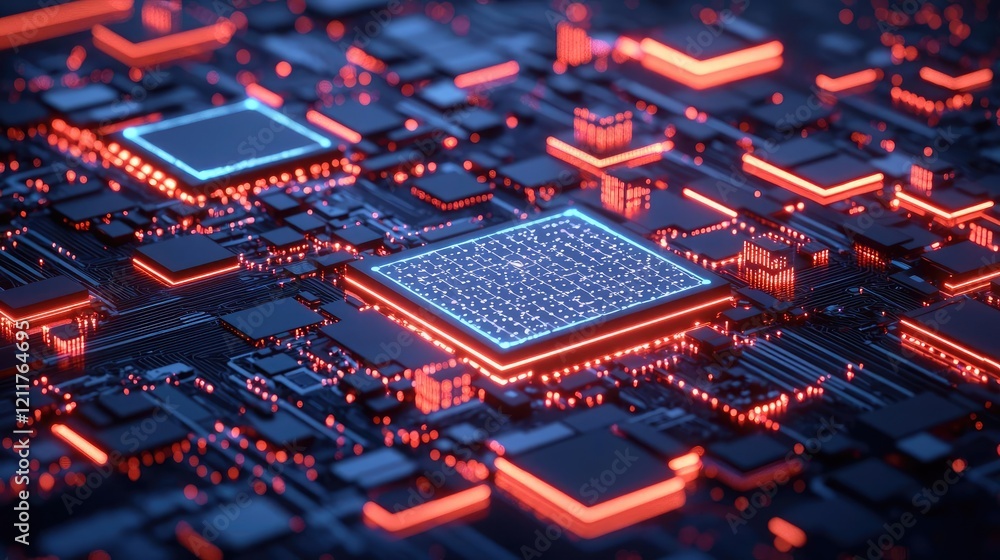 Aufkleber machine learning ai concept. close-up view of a modern circuit board with glowing circuits and chips
