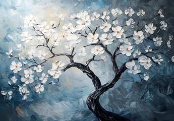 Abstract Painting of a Tree with White Flowers and Branches for Modern Artistic Decor