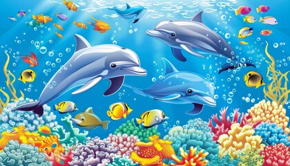 Fototapeta premium A group of dolphins swim through a coral reef with colorful fish.