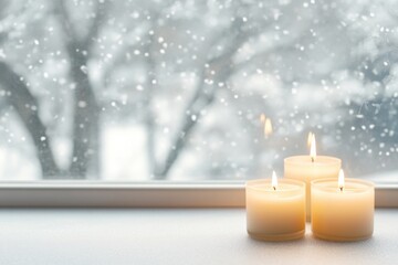 Warm candlelight glows softly against a snowy winter backdrop with a calm ambiance inviting reflection and serenity