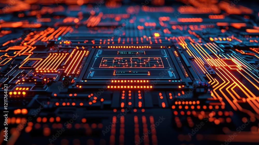 Poster machine learning ai concept. close-up of a circuit board with vibrant orange lights illuminating the
