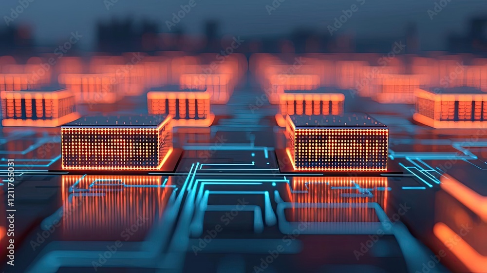 Poster machine learning ai concept. futuristic circuit board with glowing components and intricate details.