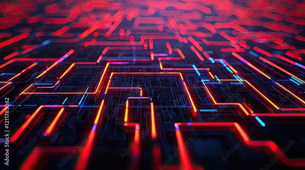Poster machine learning ai concept. futuristic glowing circuit board patterns in vibrant red and blue color
