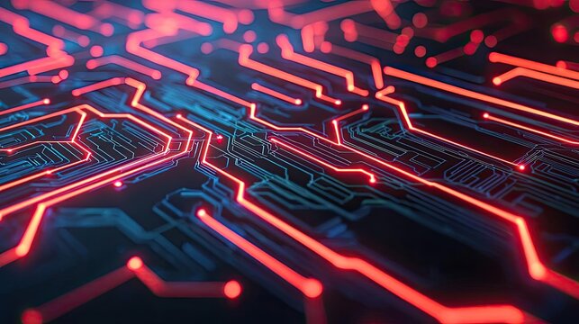 Machine learning ai concept. Close-up view of glowing circuit board with intricate design and vibrant colors.