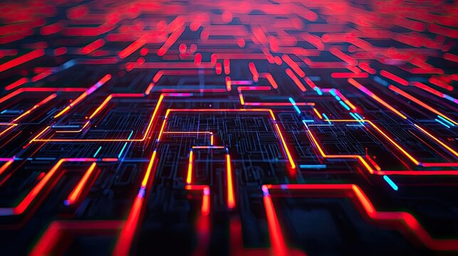 Machine learning ai concept. Futuristic glowing circuit board patterns in vibrant red and blue colors.