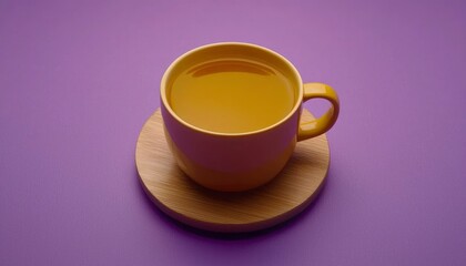 Fototapeta premium Yellow Teacup Rests on Wooden Coaster Purple Background