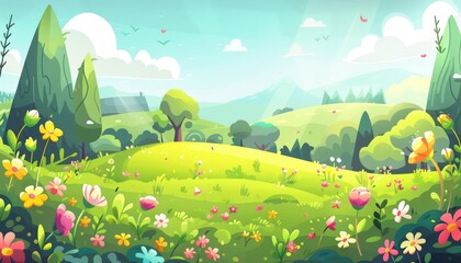 Fototapeta premium A vibrant, colorful cartoon landscape featuring rolling hills, a lush green meadow dotted with flowers, and a distant mountain range under a sunny blue sky.