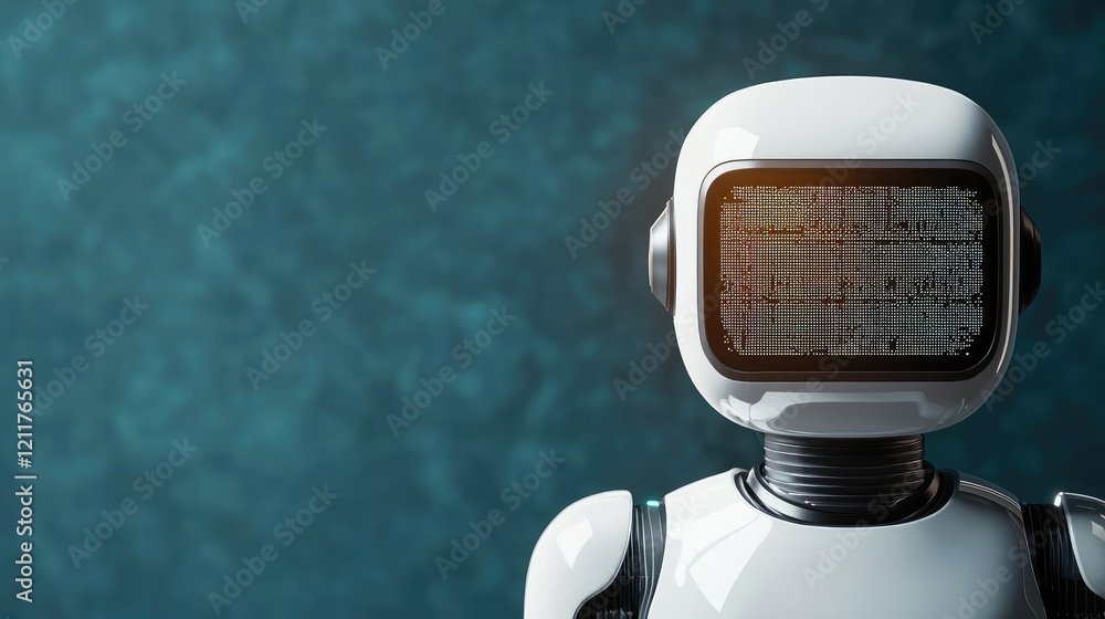 Poster digital mentor ai concept. futuristic robot with a unique display head against a teal background.