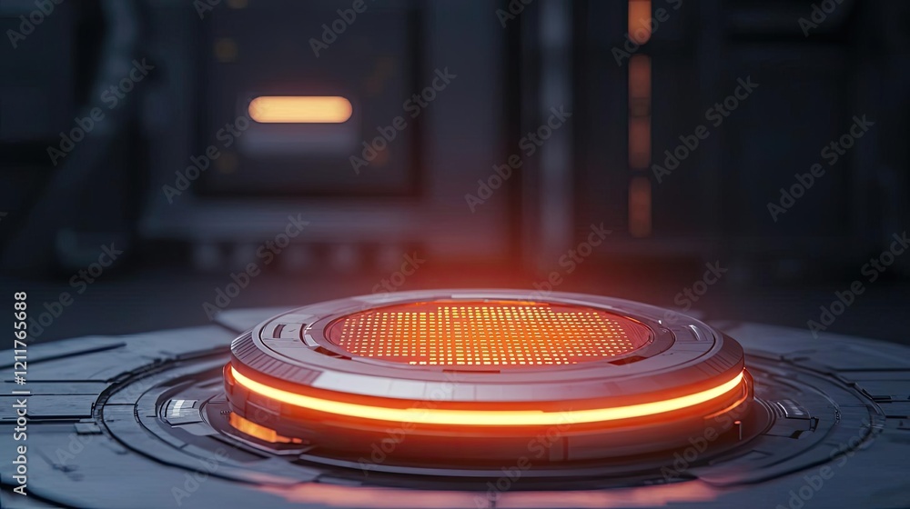 Poster digital mentor ai concept. futuristic circular interface with glowing orange light and modern design
