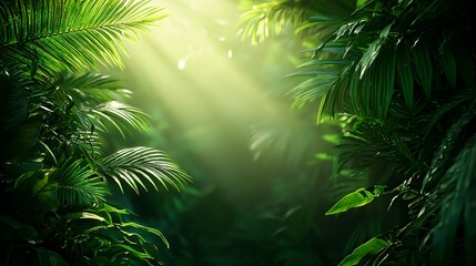 Lush Green Jungle with Sunlight Filtering Through Tropical Leaves