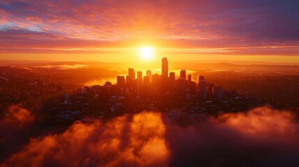 Aerial Sunset View Over City Skyline with Colorful Cloudy Sky