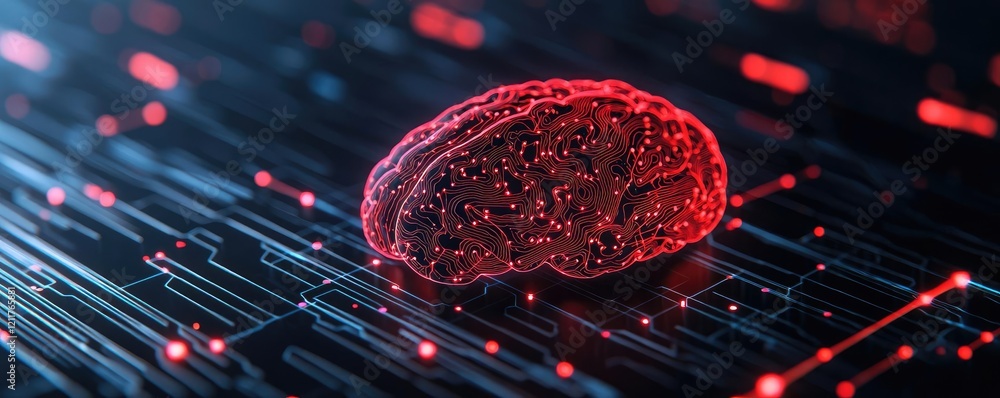 Poster machine learning ai concept. a futuristic depiction of a brain illuminated by digital circuits and v