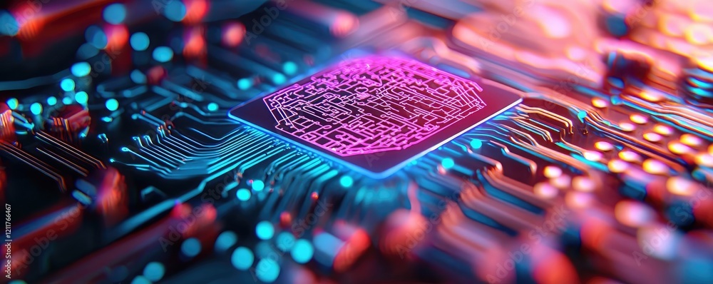 Poster machine learning ai concept. close-up of a vibrant circuit board with a glowing microchip.